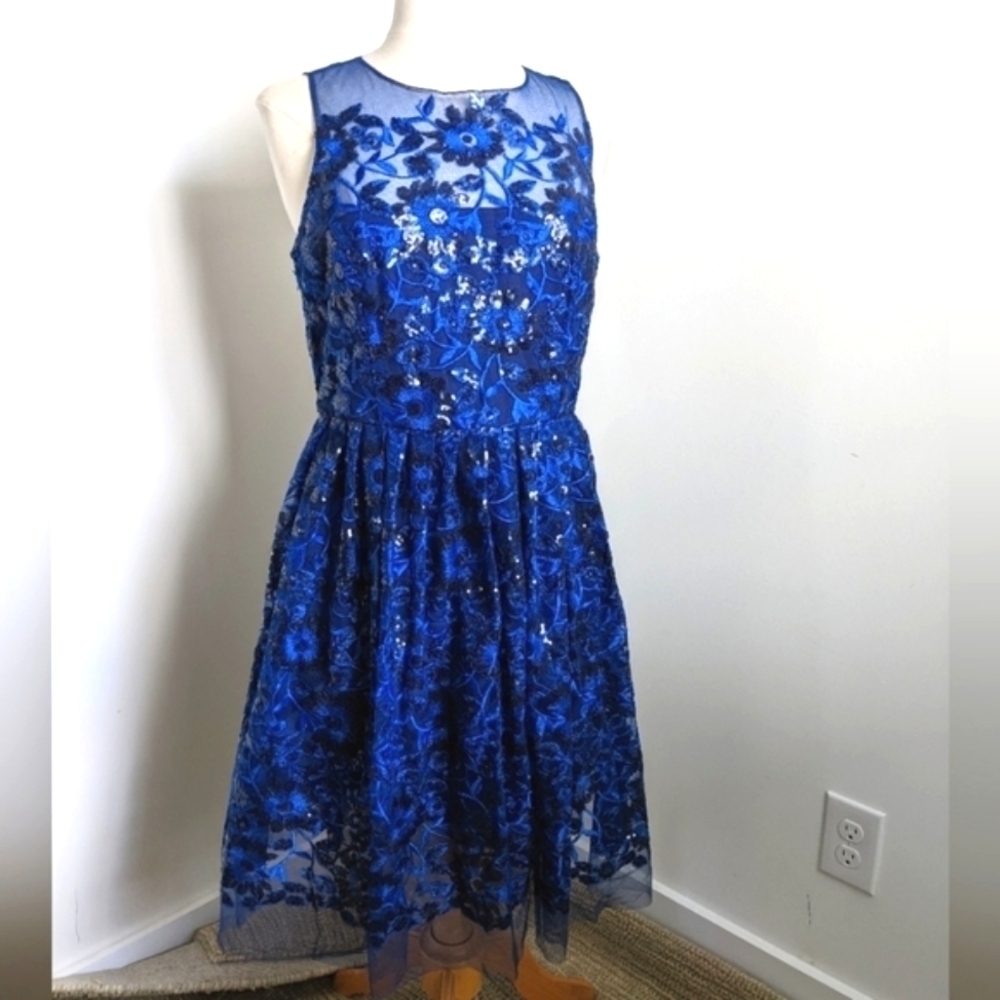 𝅺MARINA Blue Mesh And Sequin Sleeveless Dress 10 Illusion Floral Cocktail